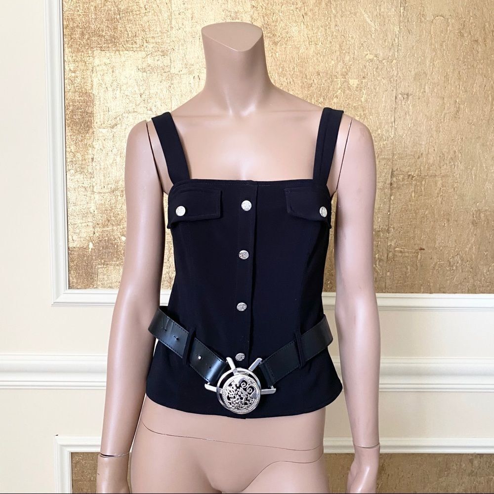 JOSEPH RIBKOFF Y2K black silver hardware belted cropped top 6